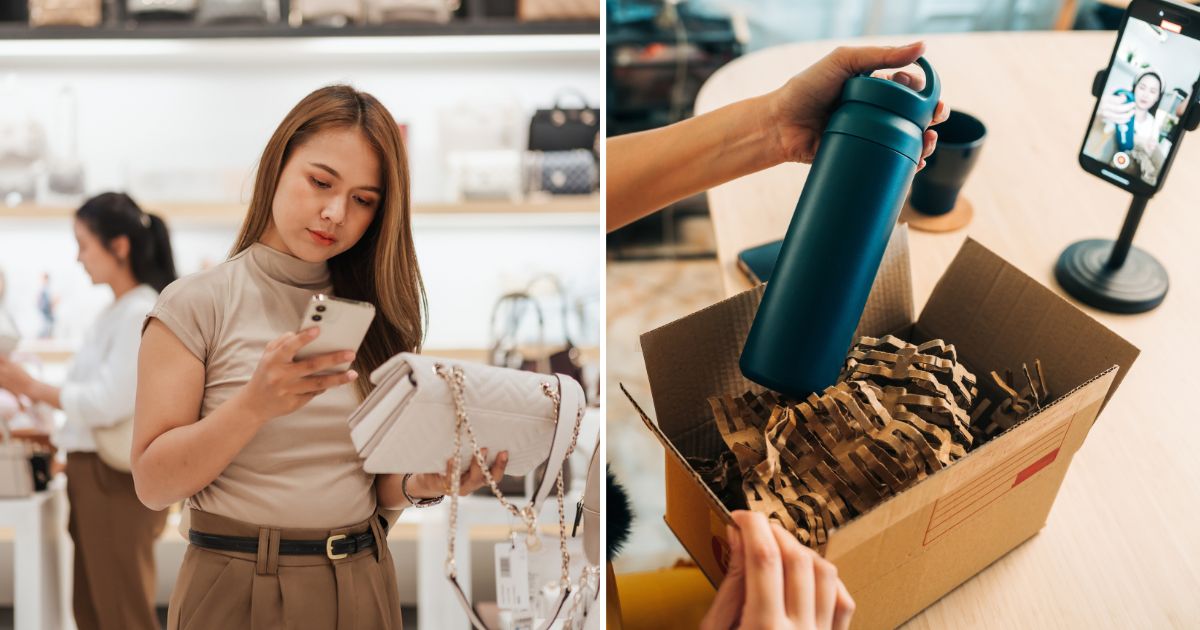 two images side by side; a lady shopping in store and a person unboxing a product at home