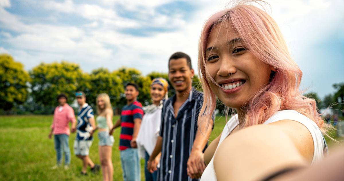 Group of friends in park.