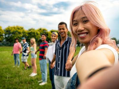 Group of friends in park.