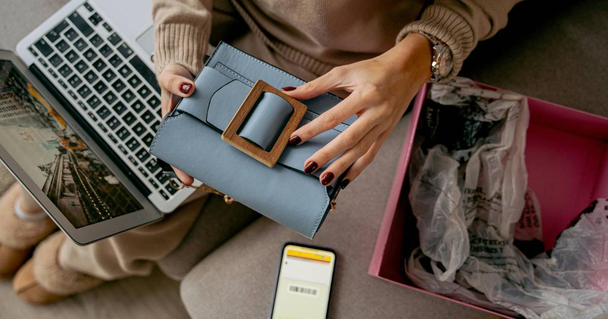 Woman Sitting on a Couch with a Laptop on Her Lap and Holding a New Purchase.