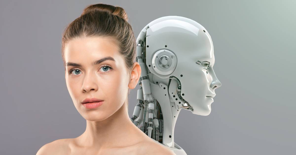 Young Lady with Perfect Face and Skin Posing to Camera with Artificial Robot.