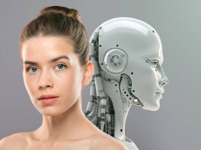 Young Lady with Perfect Face and Skin Posing to Camera with Artificial Robot.