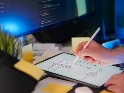 Hands Writing Notes for Coding Project at Desk.