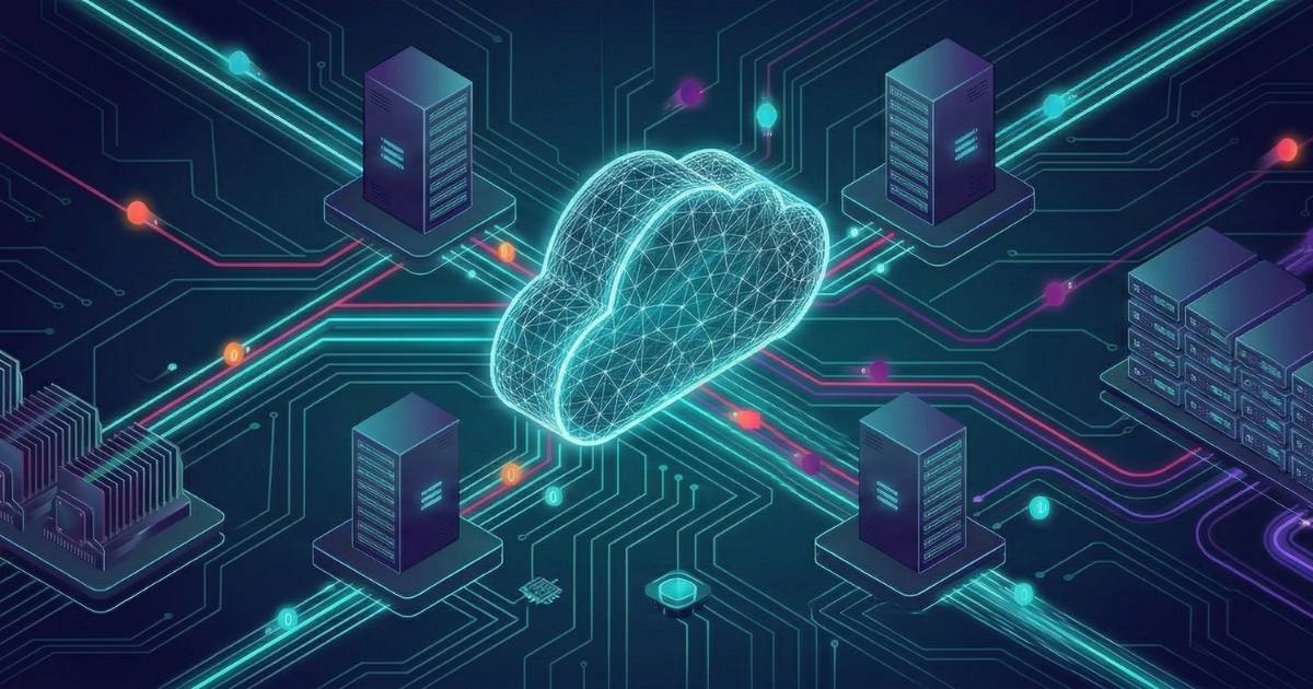 Digital graphic of cloud and IT infrastructure with neon lights.