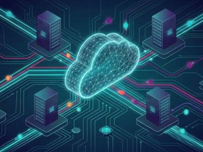 Digital graphic of cloud and IT infrastructure with neon lights.