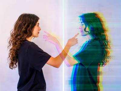 Young woman in front of her digital twin, reaching out to make contact