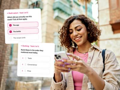 Image of a woman holding her phone while out and about, with an overlay of screenshots of the indeemo platform's survey tasks. 