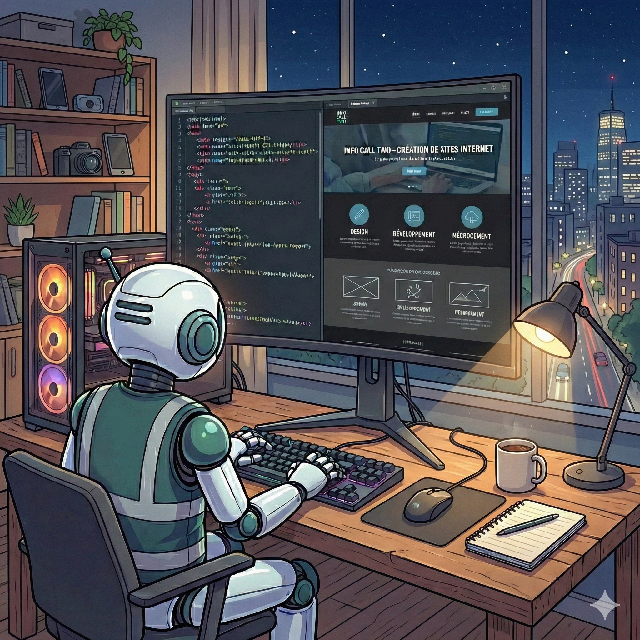 Robot sitting at desk typing on keyboard in front of a large monitor displaying website code and design, with a cityscape visible through the window at night.