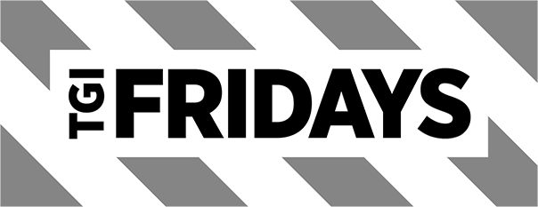 TGI Fridays logo with bold black text on a white background featuring diagonal gray stripes.