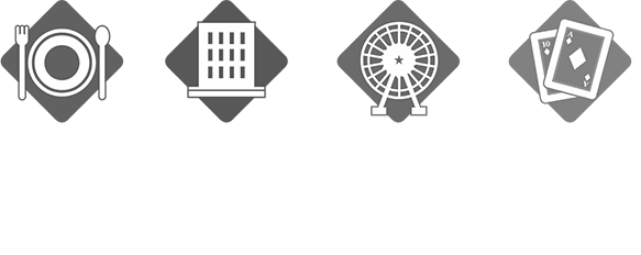 Icons representing dining with plate and utensils, accommodation with a hotel building, entertainment with a Ferris wheel, and gaming with playing cards.