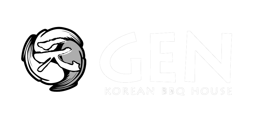 Logo with a stylized hand holding chopsticks inside a circular brushstroke, next to text reading GEN Korean BBQ House.