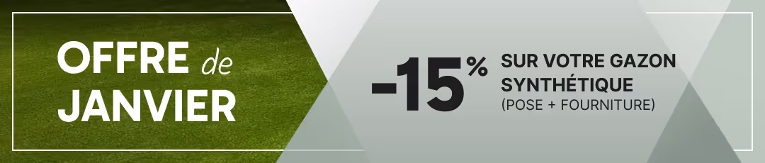 Offre de janvier: 15% de réduction sur votre gazon synthétique, pose et fourniture incluses.