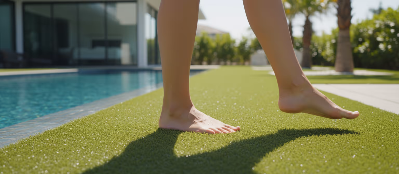 Pieds nus marchant sur de l'herbe synthétique près d'une piscine dans un jardin ensoleillé.