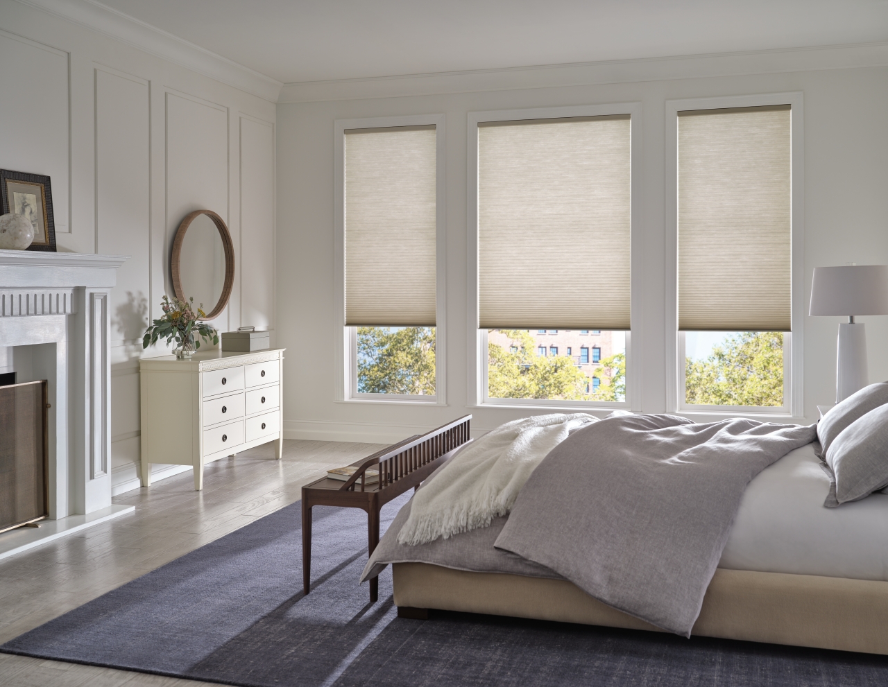 Duette honeycomb shades for insulation in a bedroom