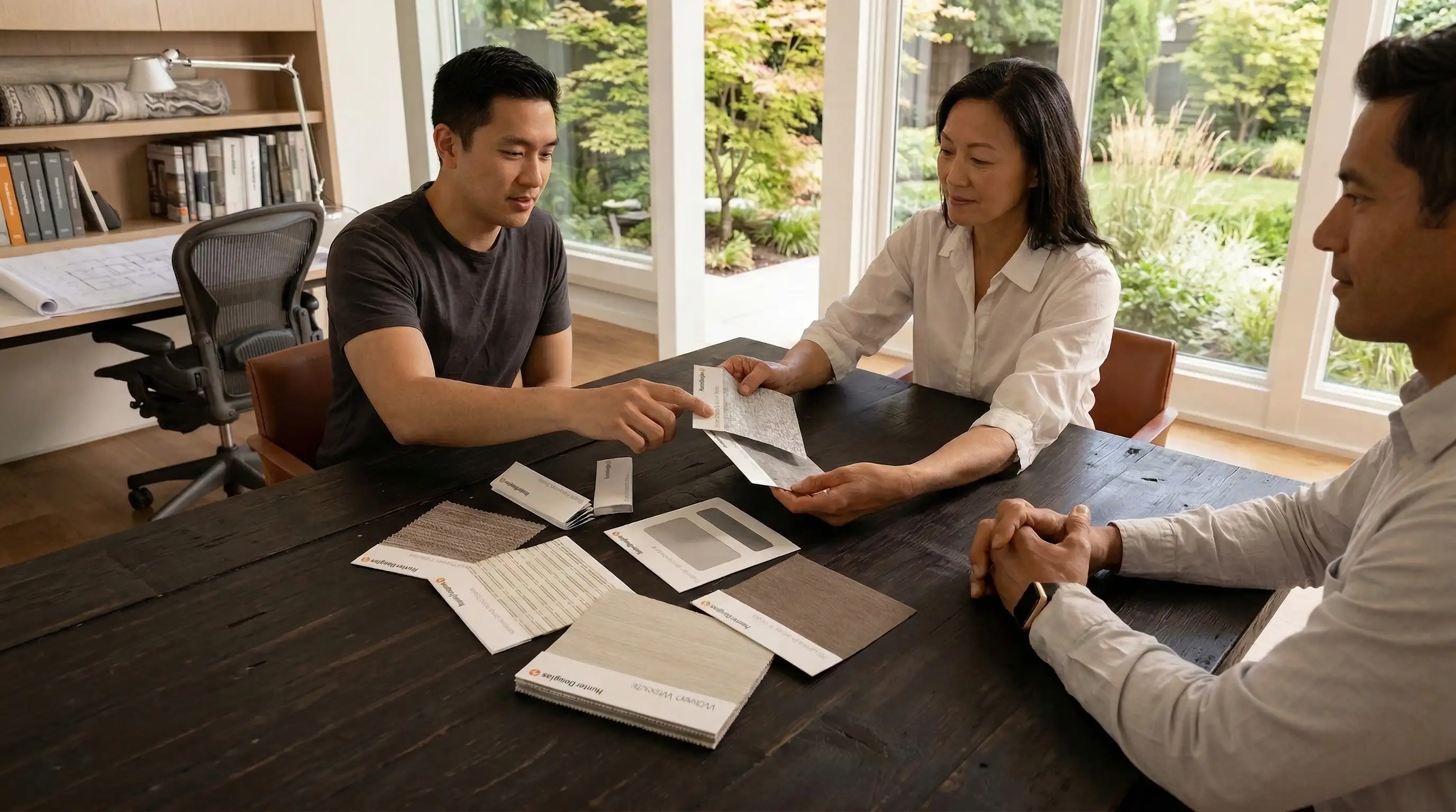Three people at a table reviewing and discussing fabric and color samples in a bright room.