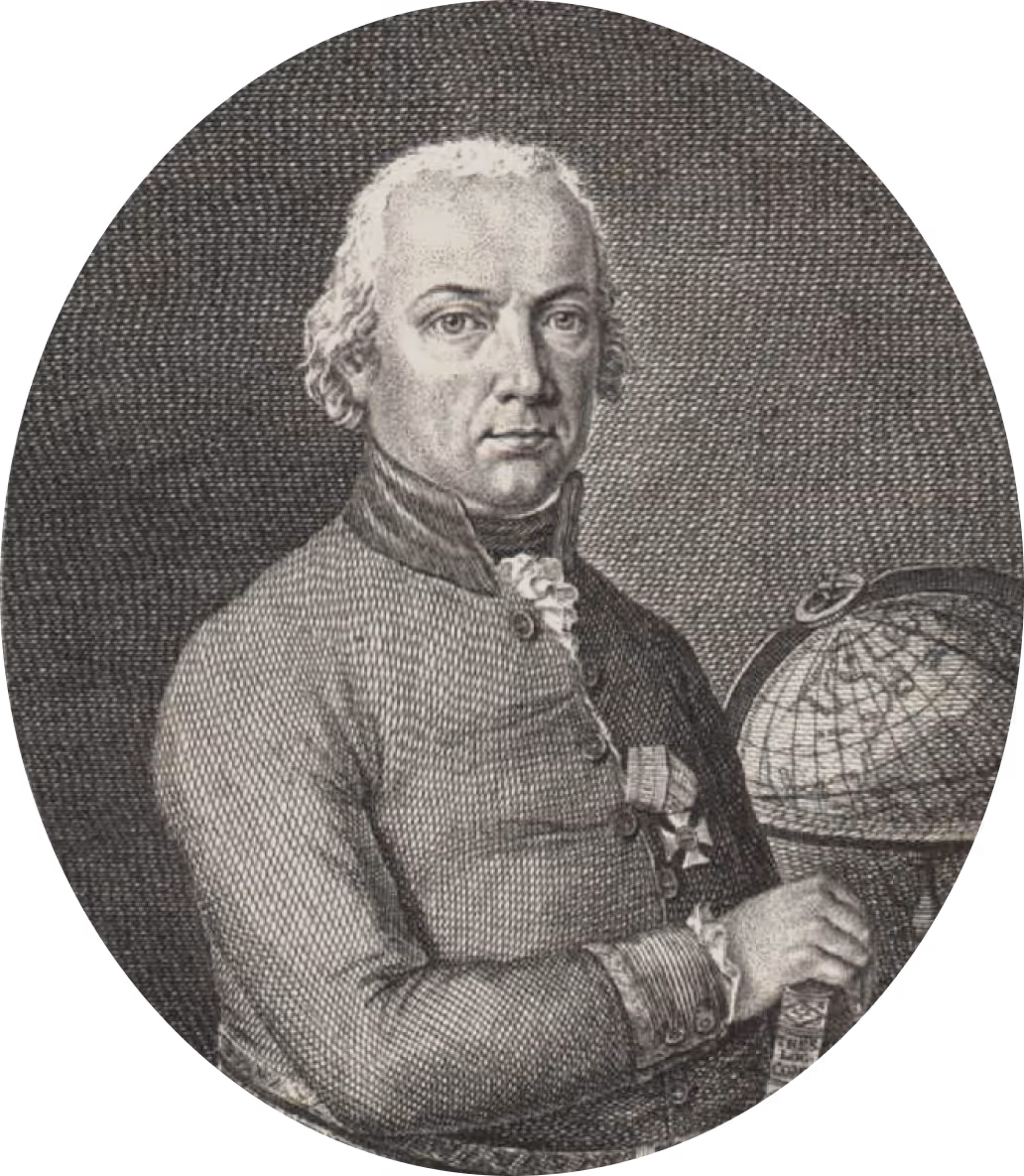 Black and white etched portrait of a man in 18th-century attire holding a globe.