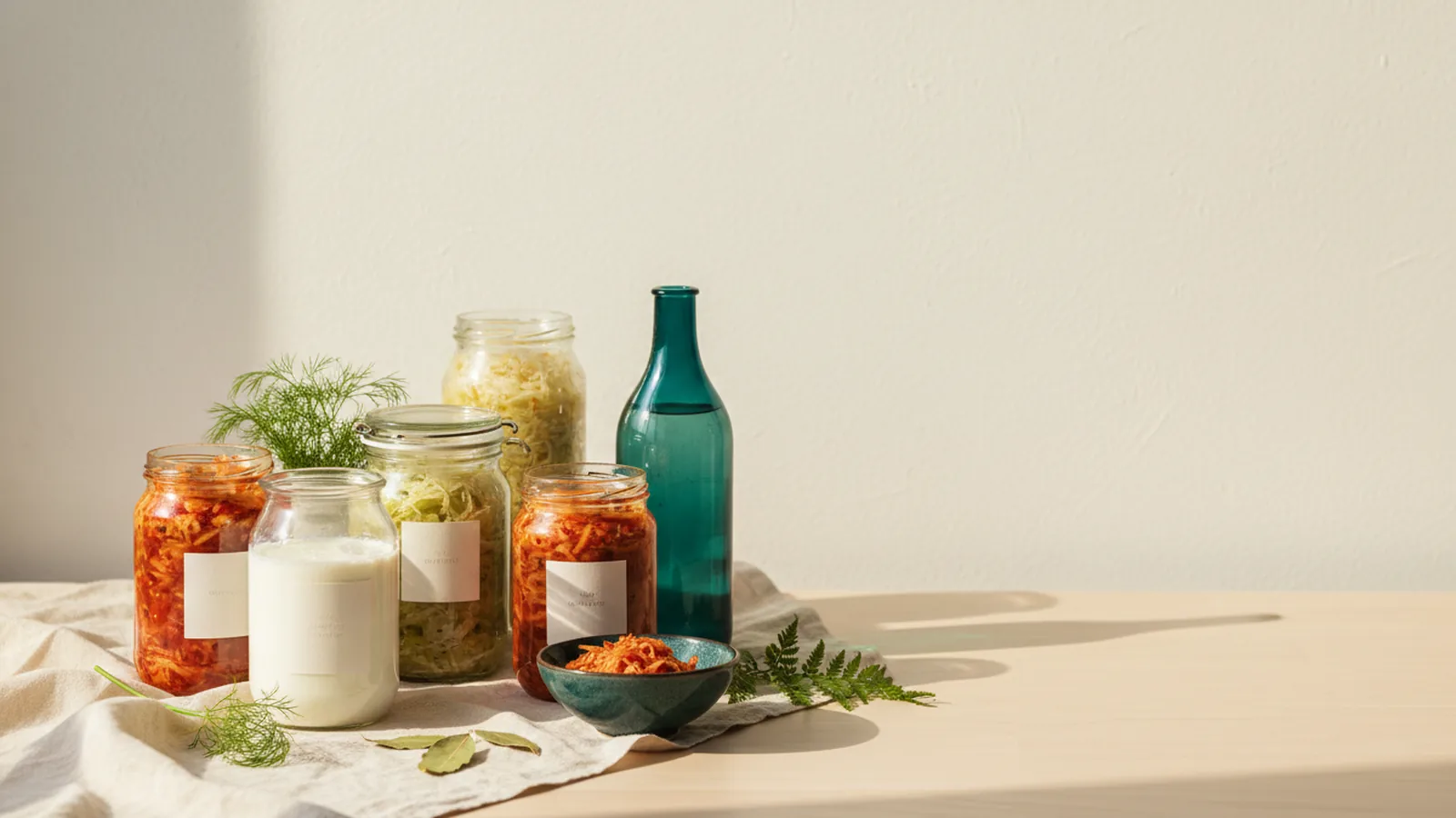 Aliments fermentés en bocaux de verre sur lin crème.