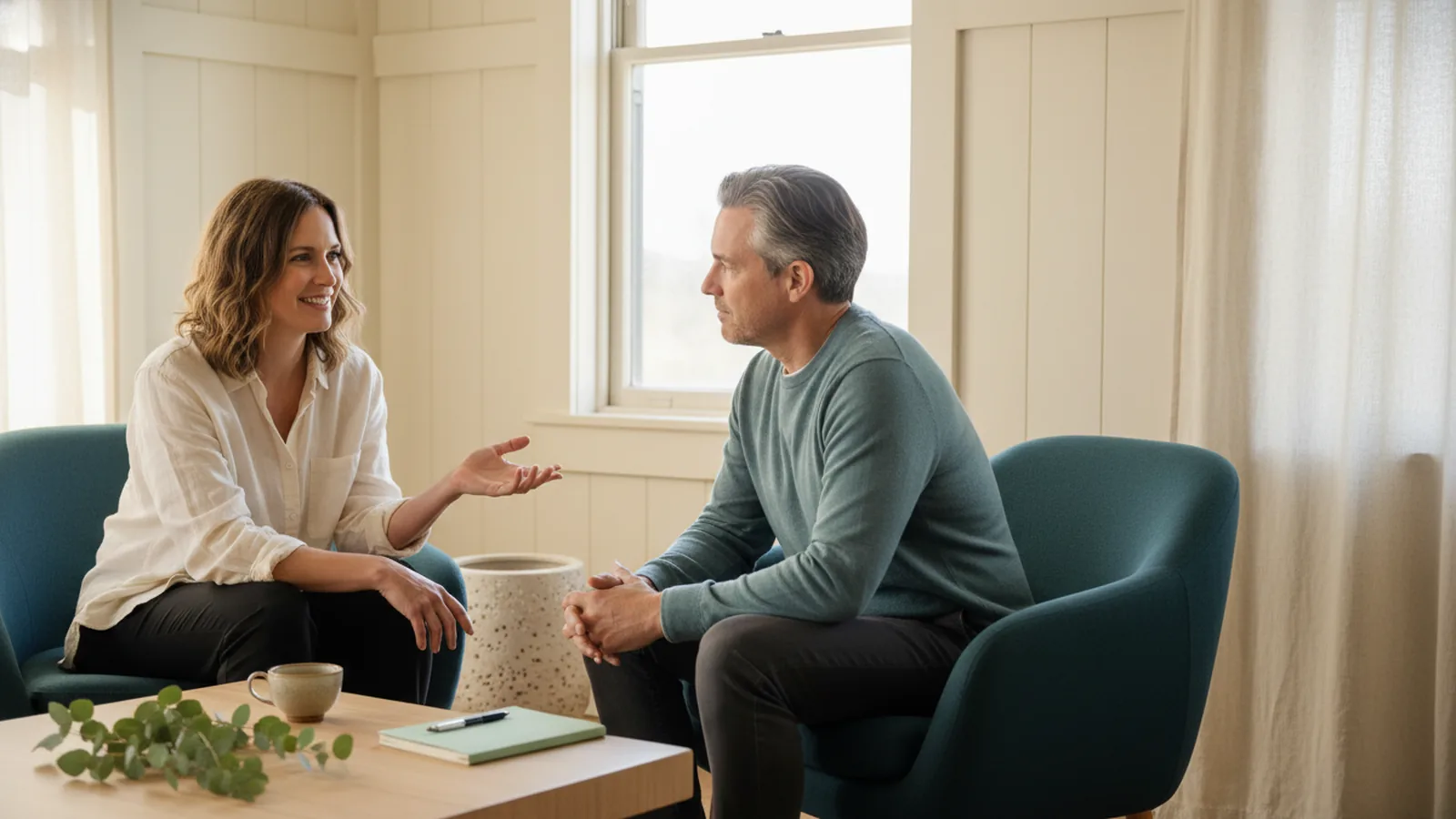 Échange de coaching bienveillant entre praticien et patient, lumière chaleureuse.