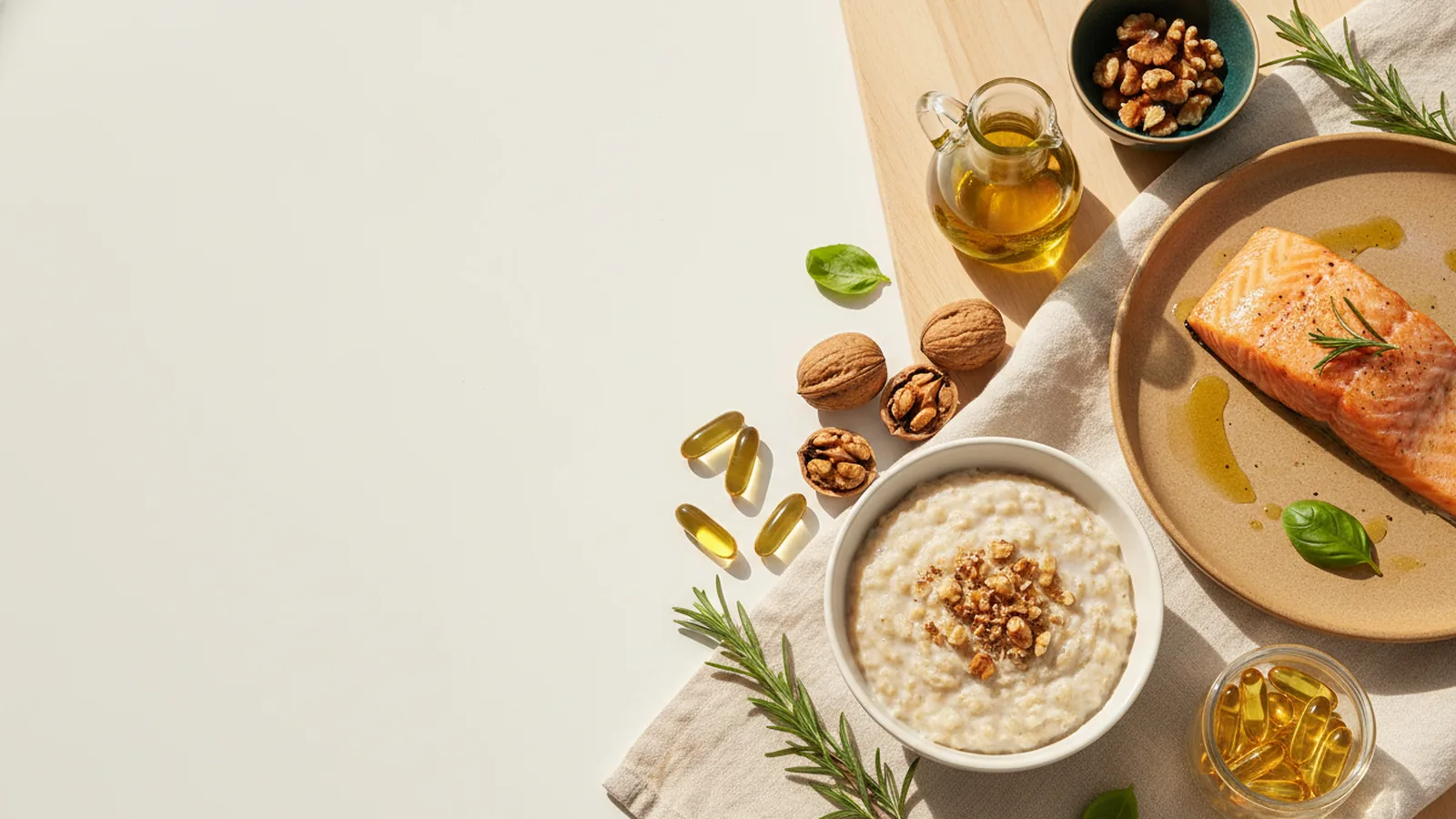 Poisson gras, huile d'olive, avoine, noix et capsules d'oméga-3 sur fond crème.