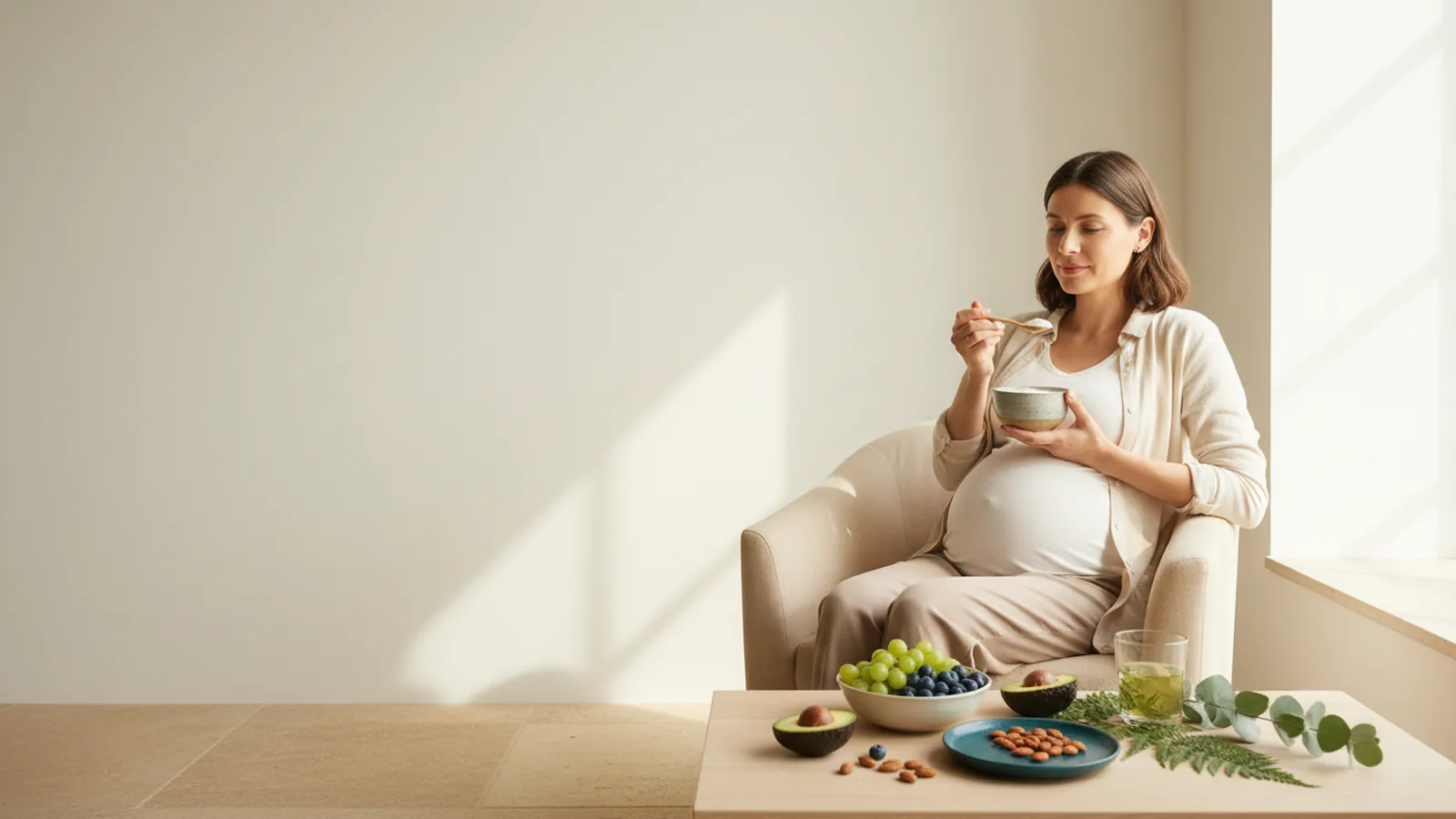 Femme enceinte avec yaourt nature et aliments frais, lumière douce.