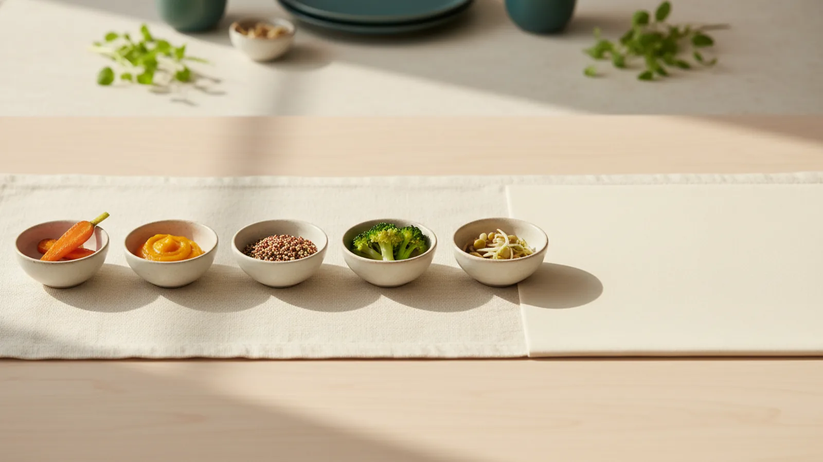 Petites portions d'aliments disposées en séquence sur fond crème, réintroduction progressive.
