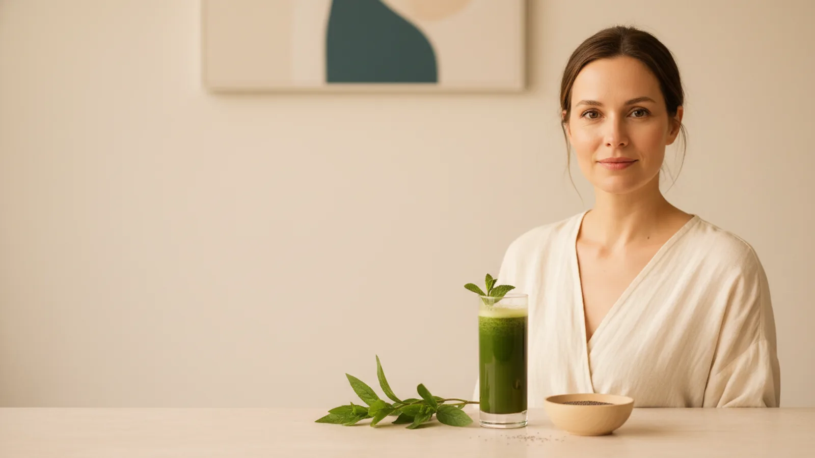 Portrait à la peau nette en lumière douce avec un jus vert, axe intestin-peau.
