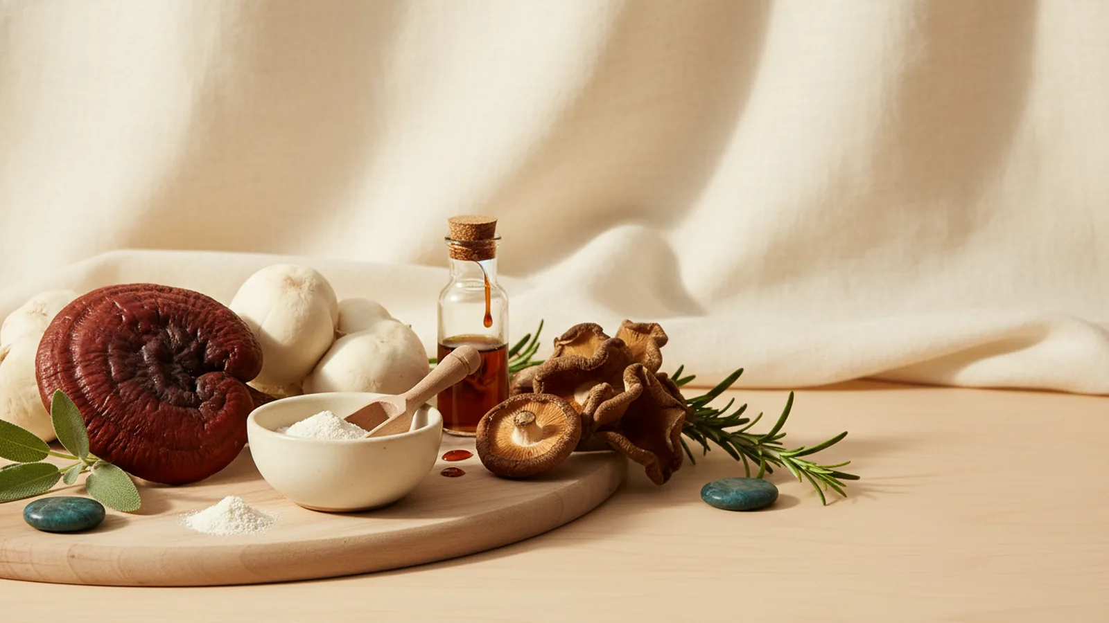 Champignons médicinaux (reishi, hydne, shiitaké) sur bois chaud, composition raffinée.