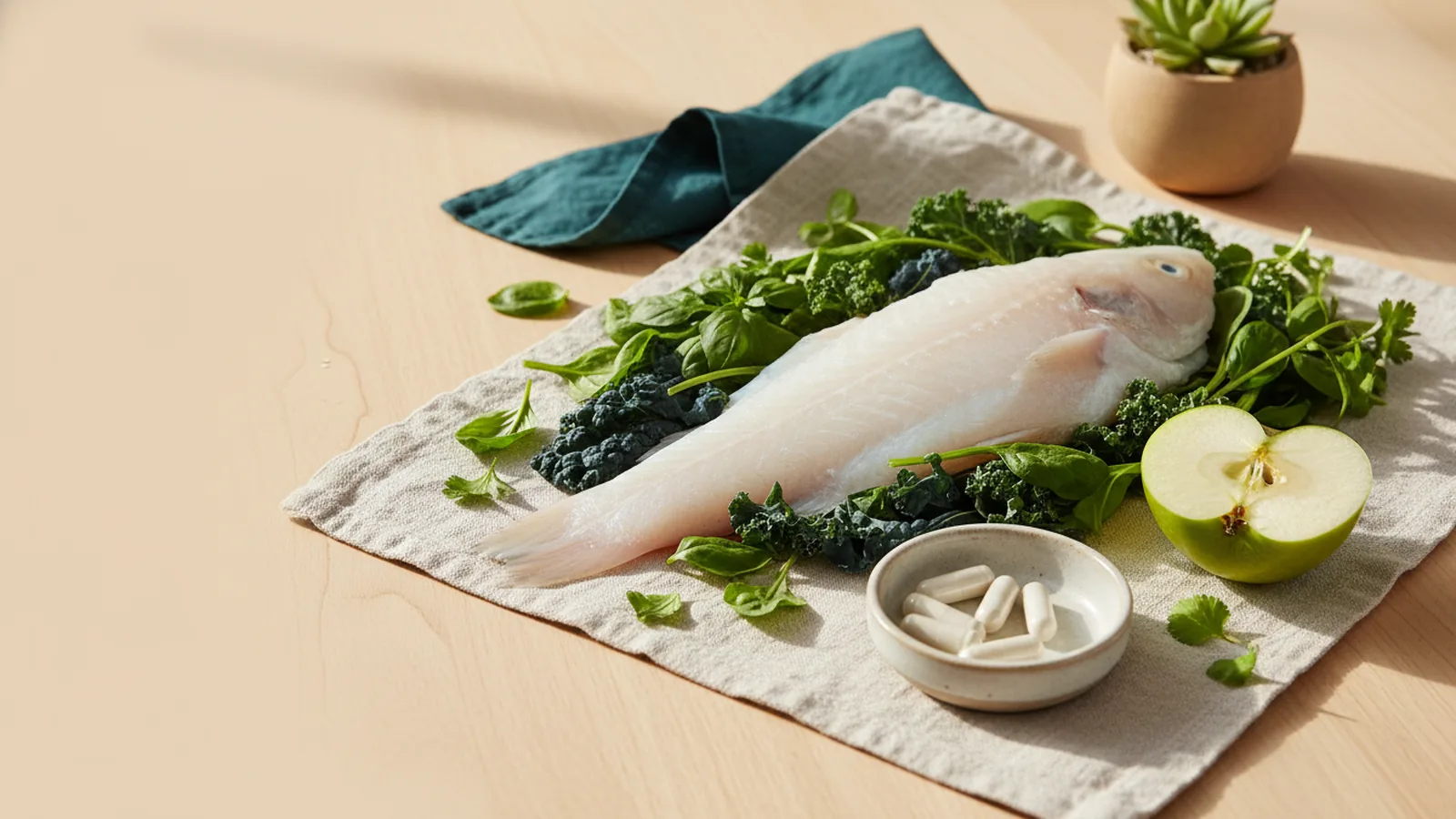 Aliments frais pauvres en histamine et gélules d'enzymes sur lin crème.