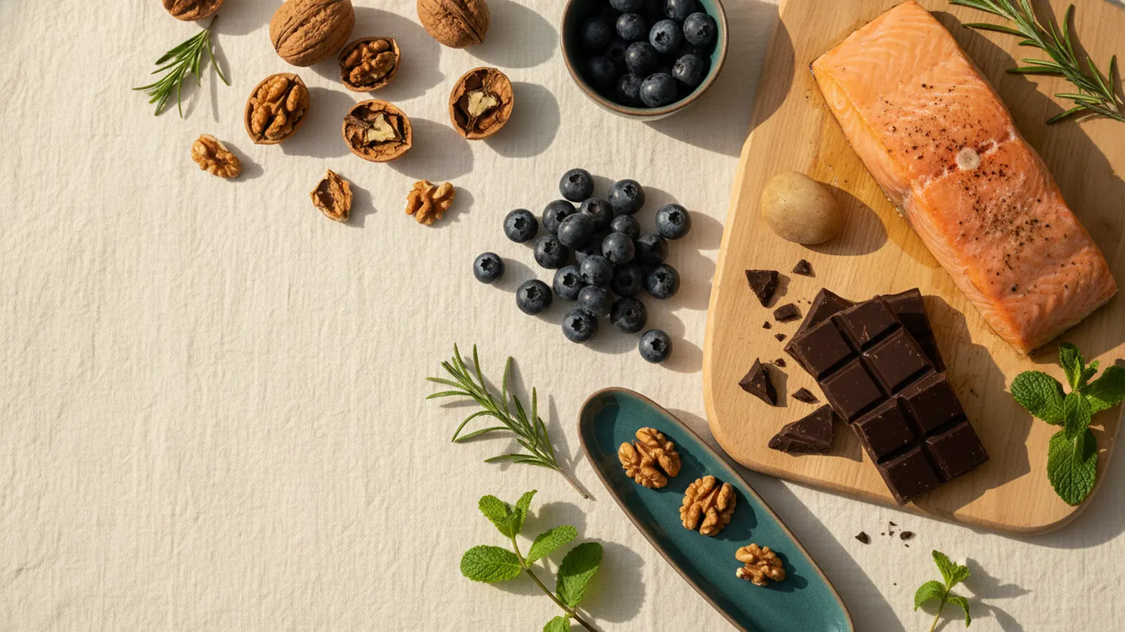 Noix, myrtilles, poisson gras et chocolat noir sur fond crème, soutien cognitif.