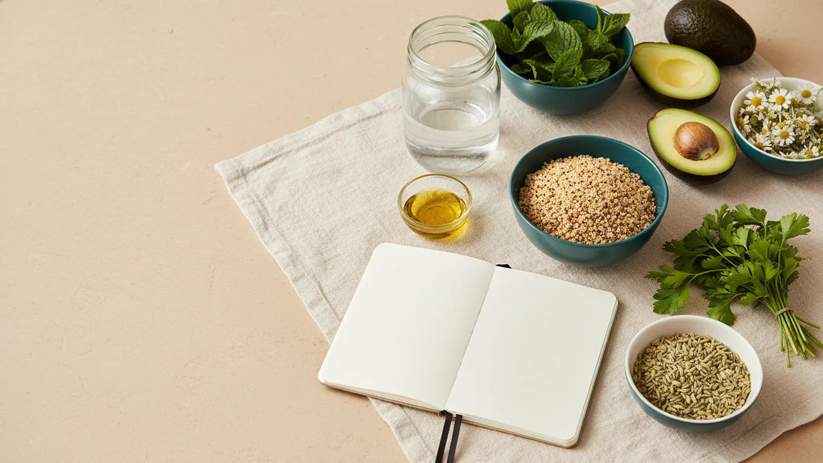 Aliments frais pauvres en histamine et plantes digestives sur fond crème.