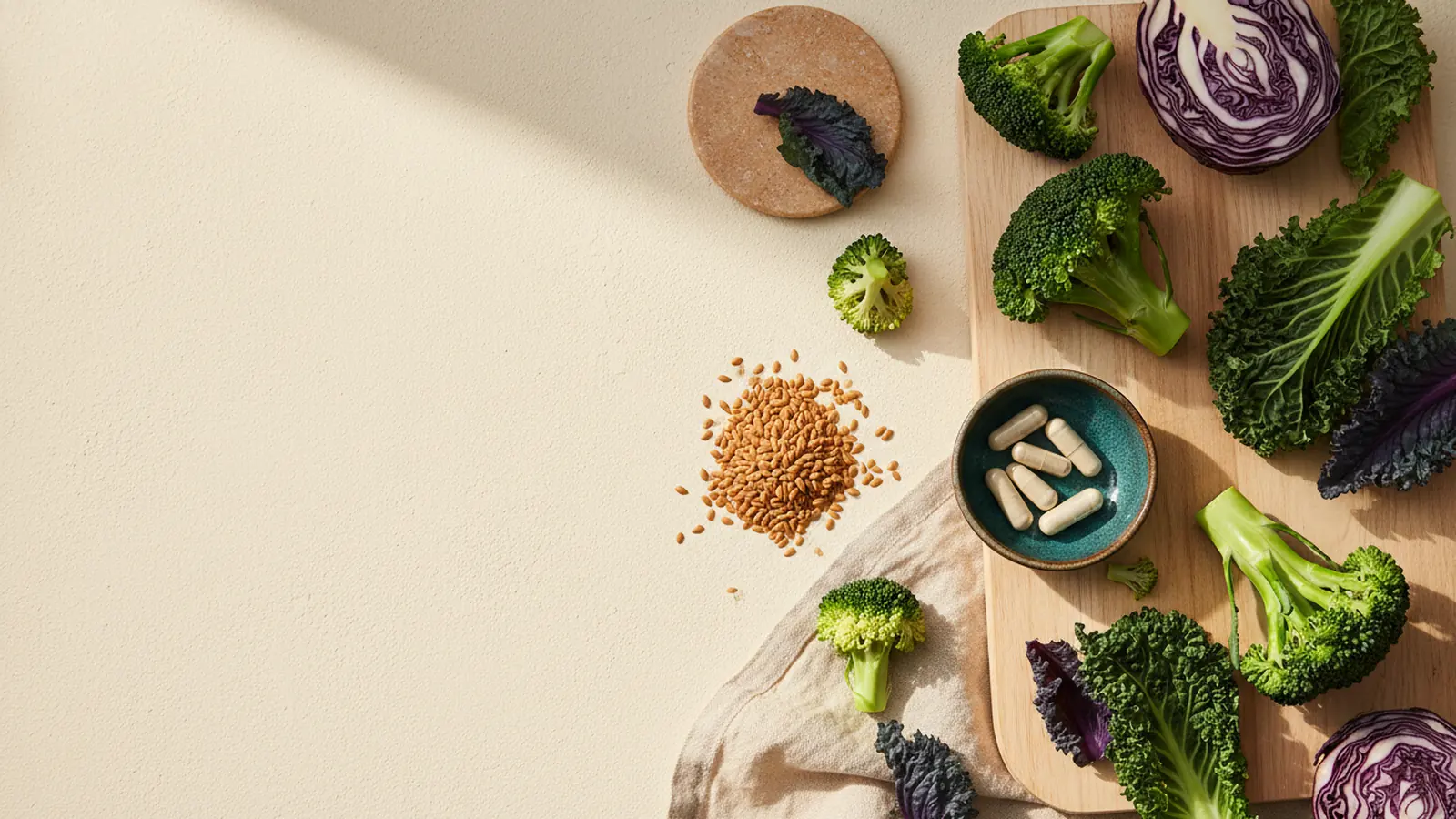 Légumes crucifères, graines de lin et gélules sur fond crème, équilibre hormonal.