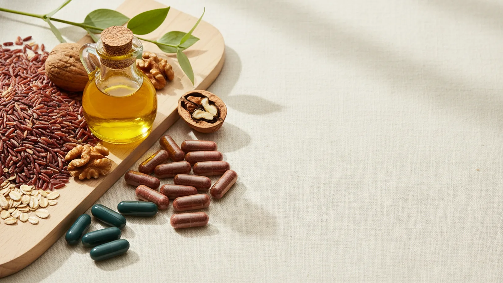 Levure de riz rouge, avoine, huile d'olive, noix et phytostérols sur fond crème.
