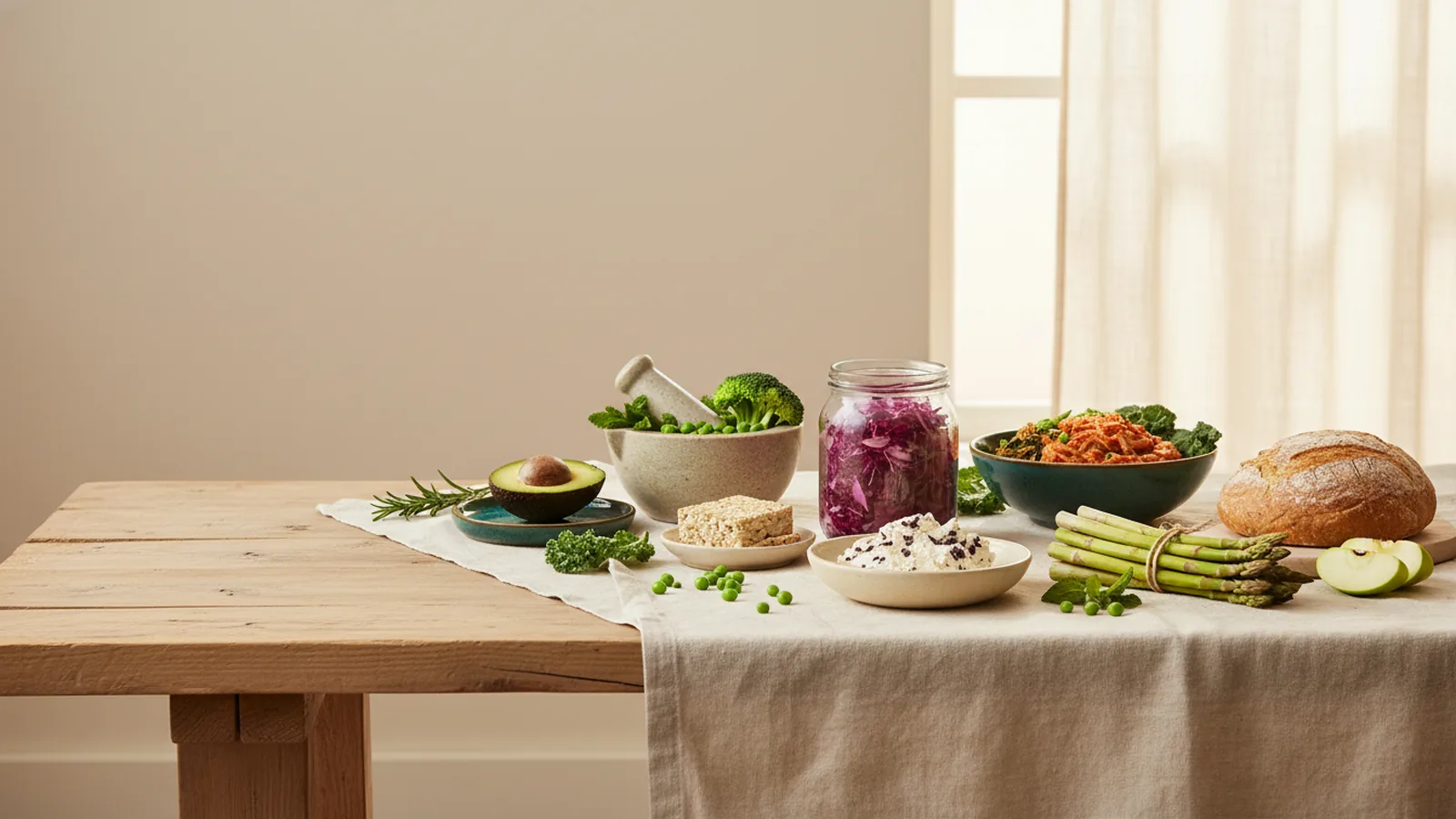 Aliments fermentés et légumes riches en fibres disposés avec équilibre sur fond crème.