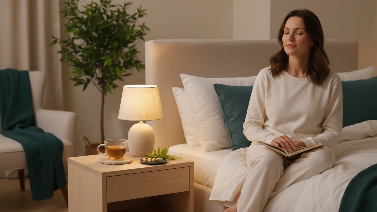 Chambre paisible la nuit, lampe chaleureuse, tisane et compléments sur le chevet.