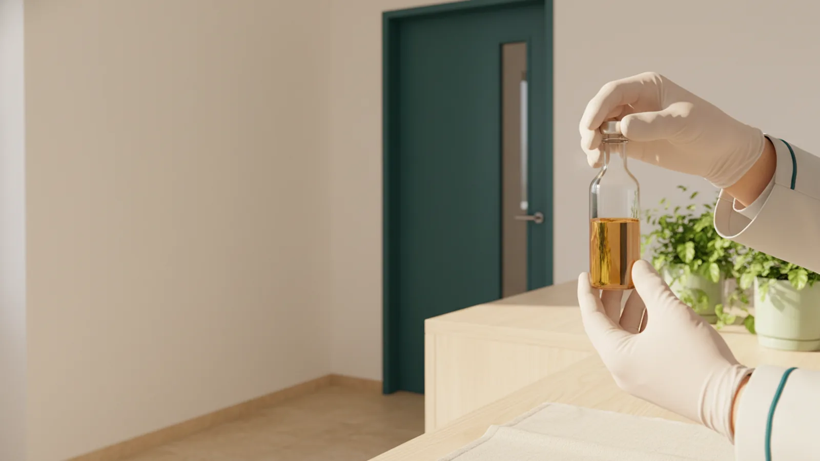 Mains gantées tenant un flacon en verre dans un laboratoire moderne, lumière chaude.