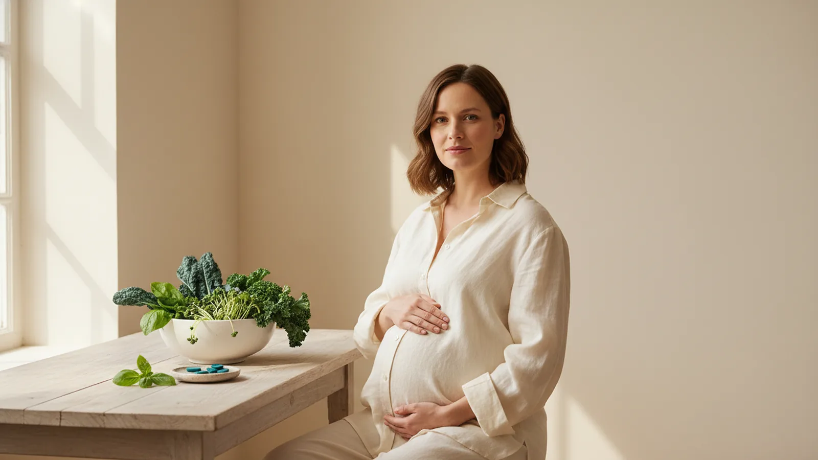 Femme enceinte avec légumes verts et complément, lumière douce.