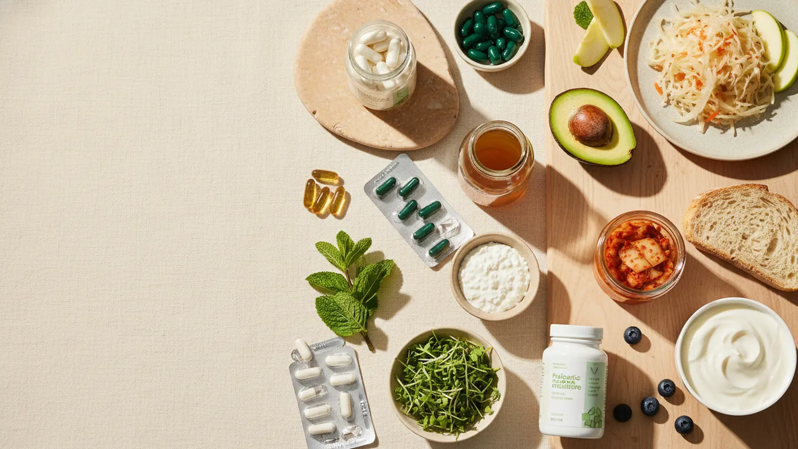 Différents probiotiques et aliments fermentés disposés sur fond crème, approche personnalisée.