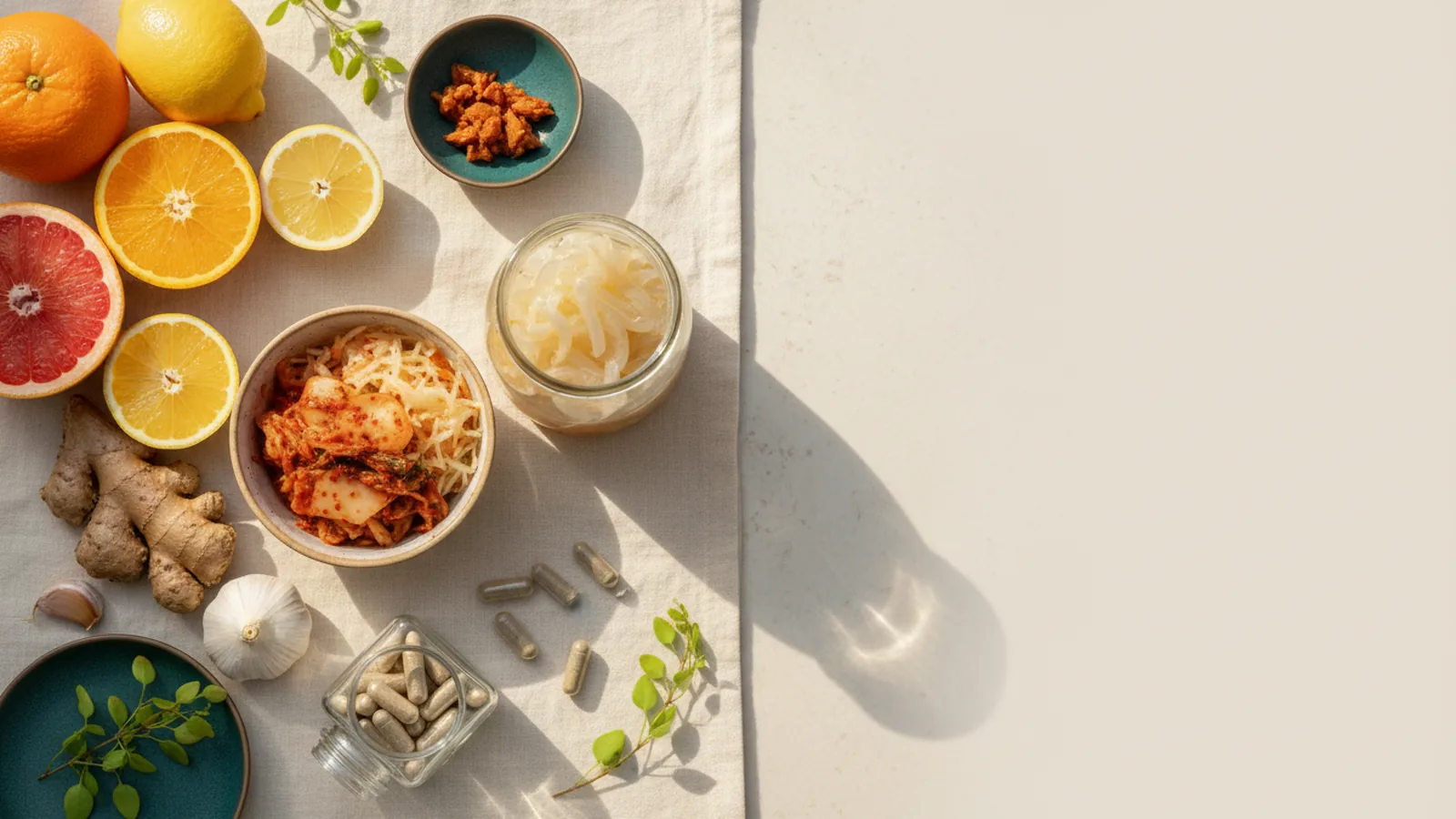 Agrumes, gingembre, ail et probiotiques sur fond crème, soutien de l'immunité.