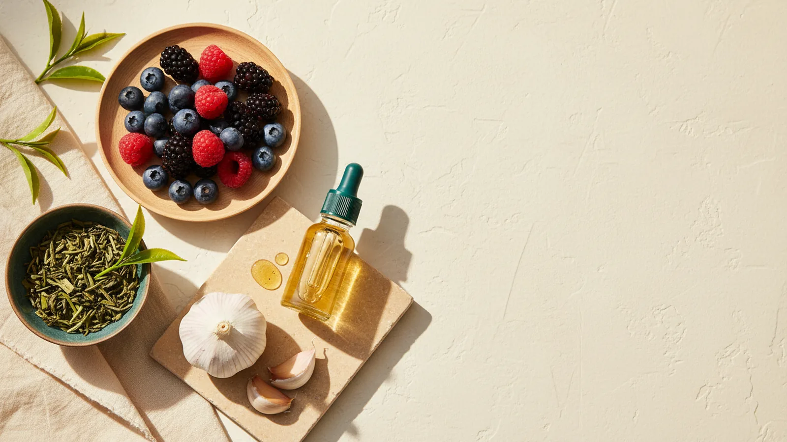 Aliments antioxydants et flacon compte-gouttes sur fond crème, ambiance apaisante.