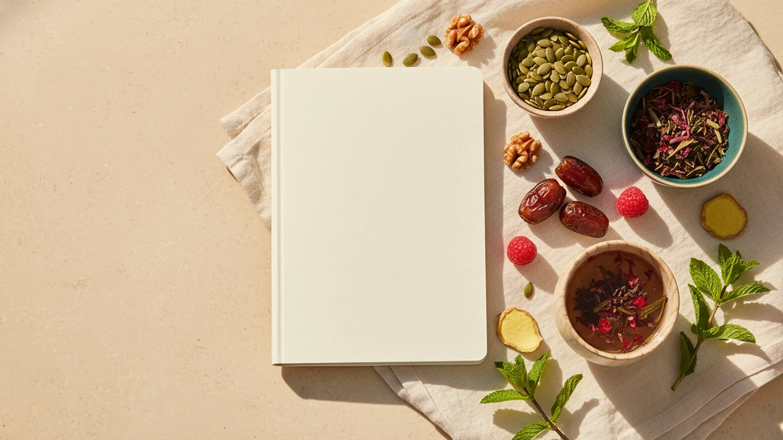 Aliments et plantes pour le cycle féminin et carnet sur fond crème.