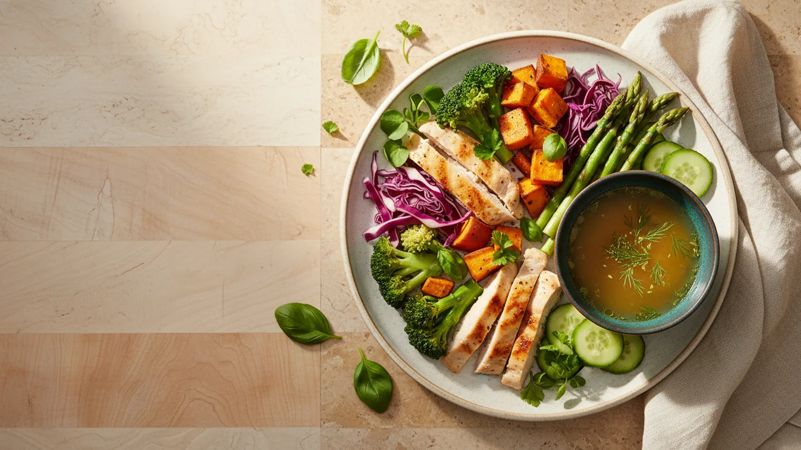 Assiette colorée compatible AIP, légumes, viande maigre et bouillon, vue de dessus.