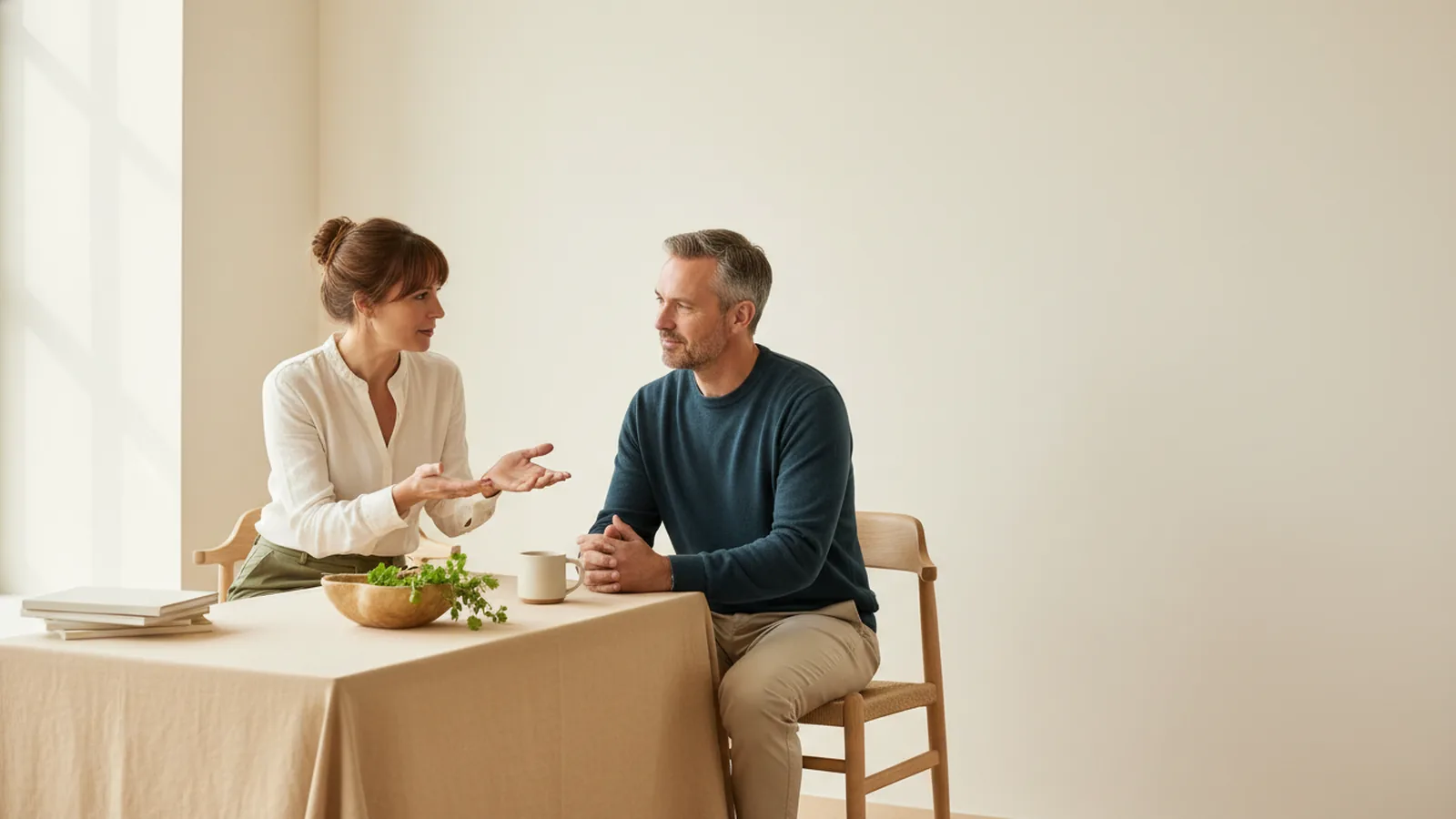 Praticien et patient en consultation chaleureuse, lumière douce.