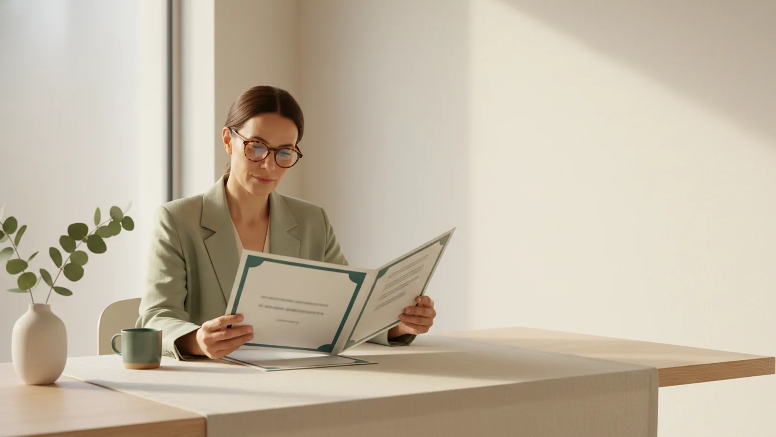 Praticien examinant un dossier patient à un bureau ensoleillé, lunettes de lecture.