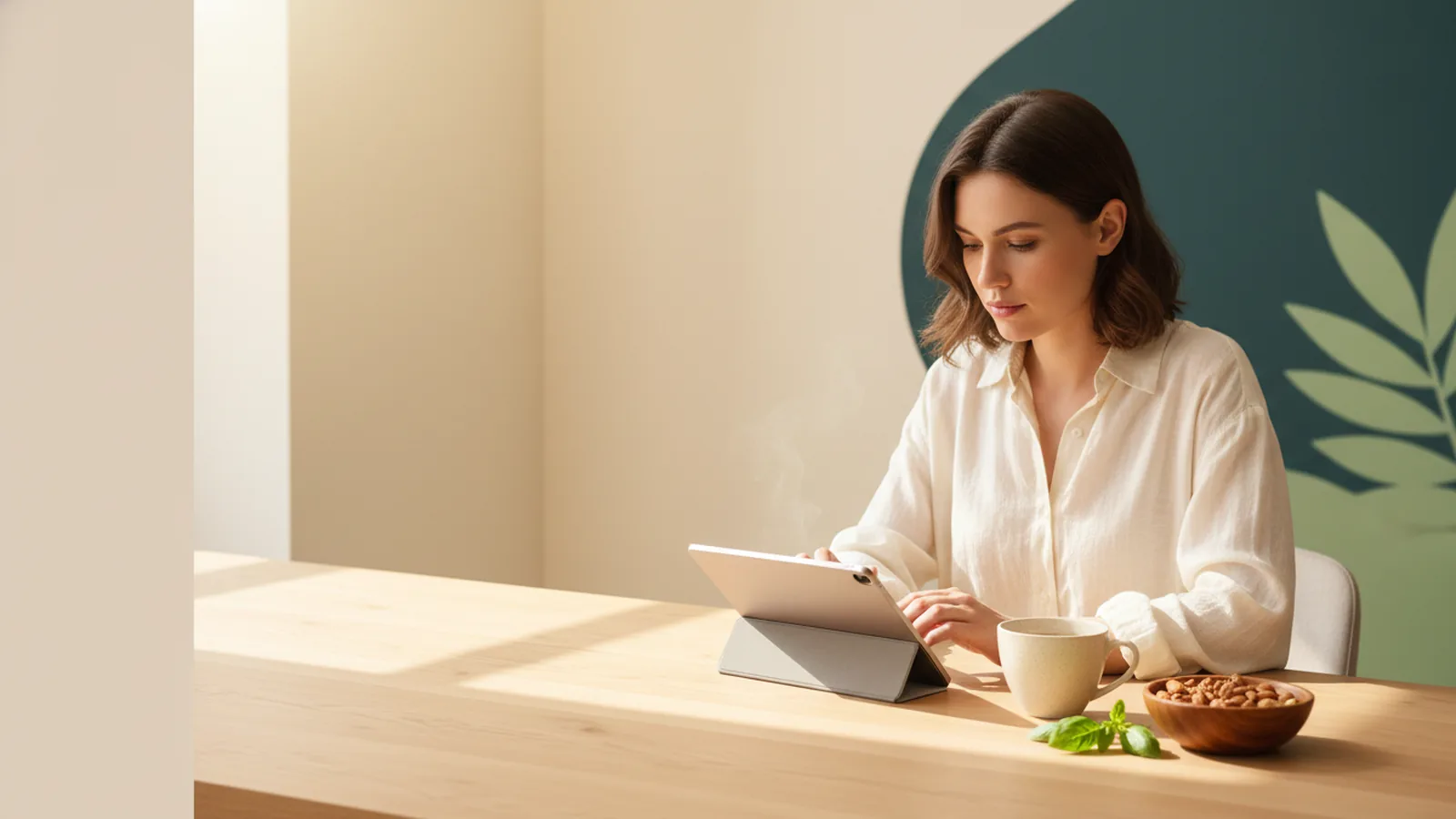 Personne concentrée à un bureau rangé et ensoleillé, tisane et oléagineux à proximité.