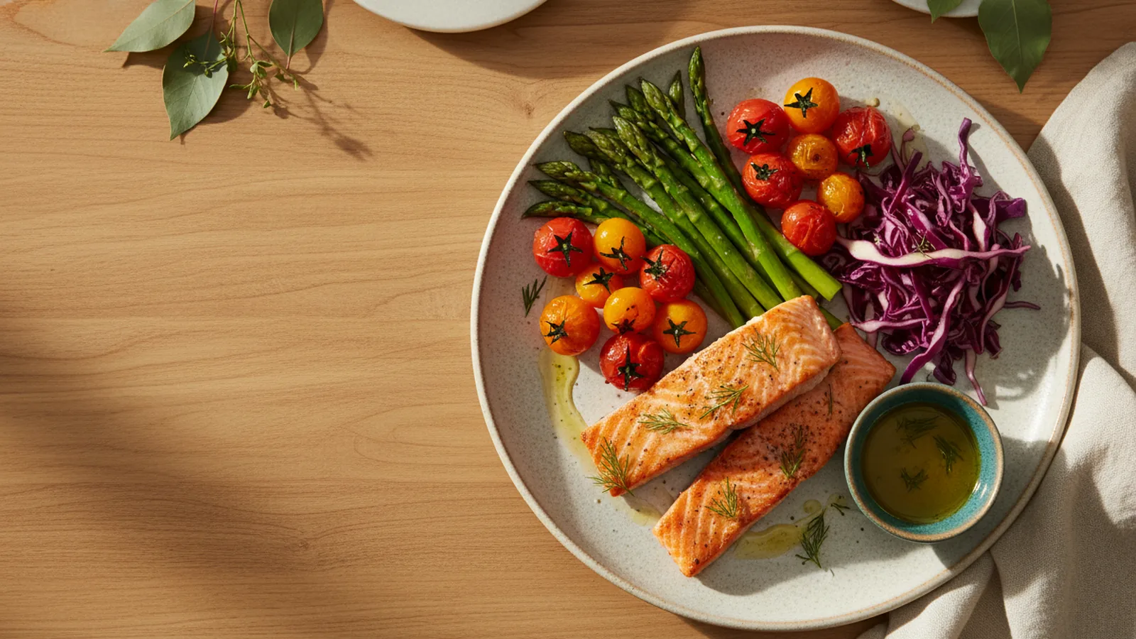 Assiette équilibrée de légumes, protéines maigres et huile d'olive, vue de dessus.