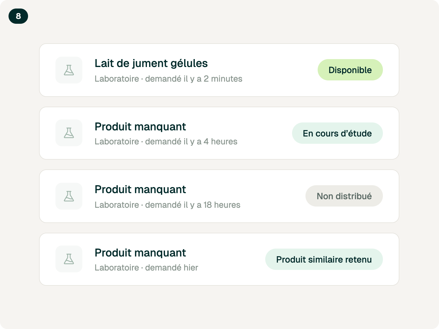 Onglet de suivi des demandes avec un statut par demande