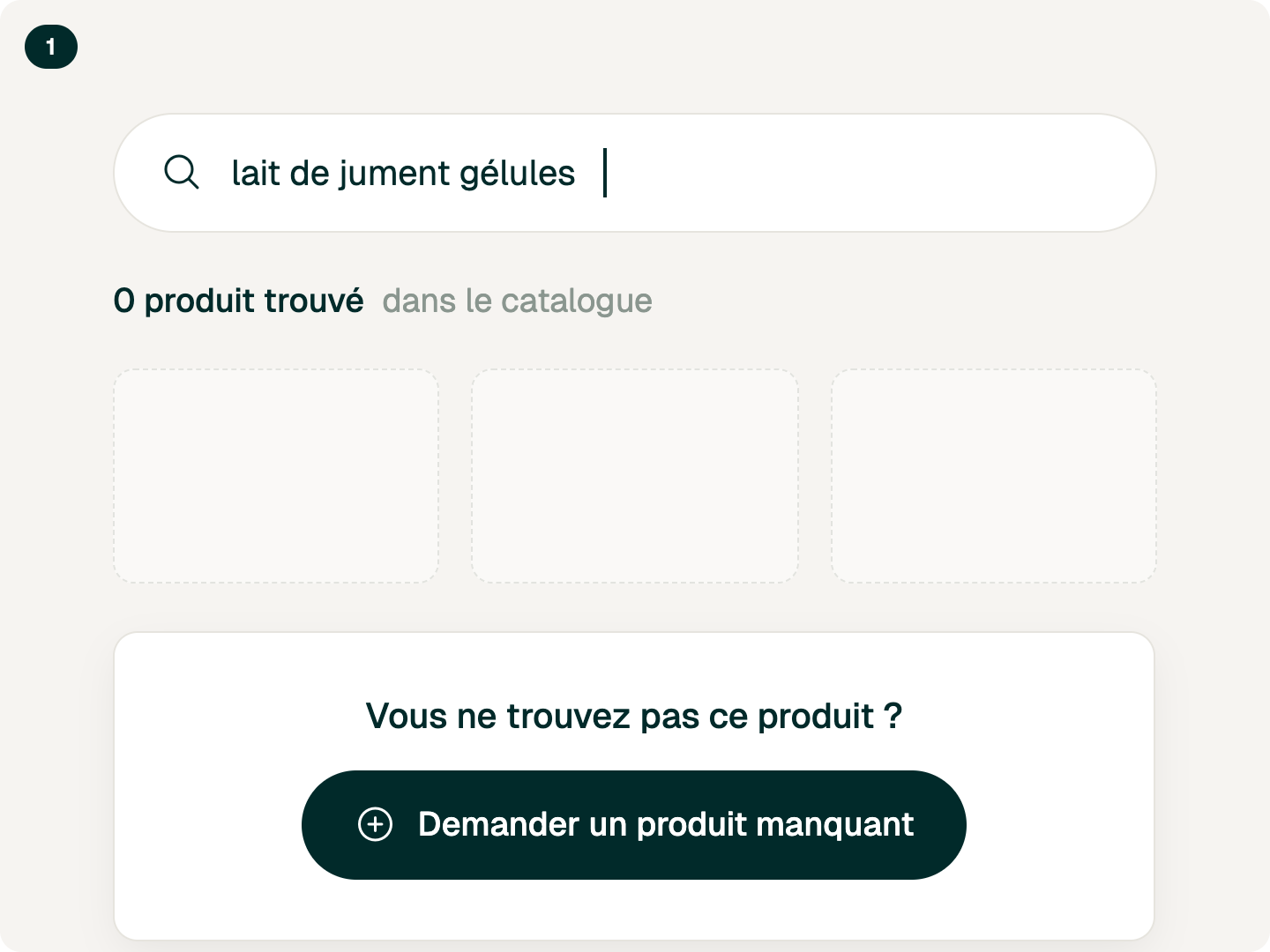 Recherche catalogue sans résultat et bouton Demander un produit manquant