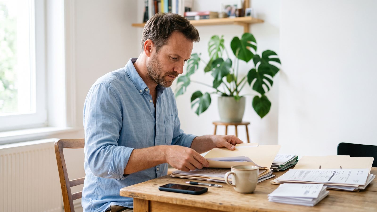 Homme assis à son bureau avec des dossiers et des documents papier étalés devant lui