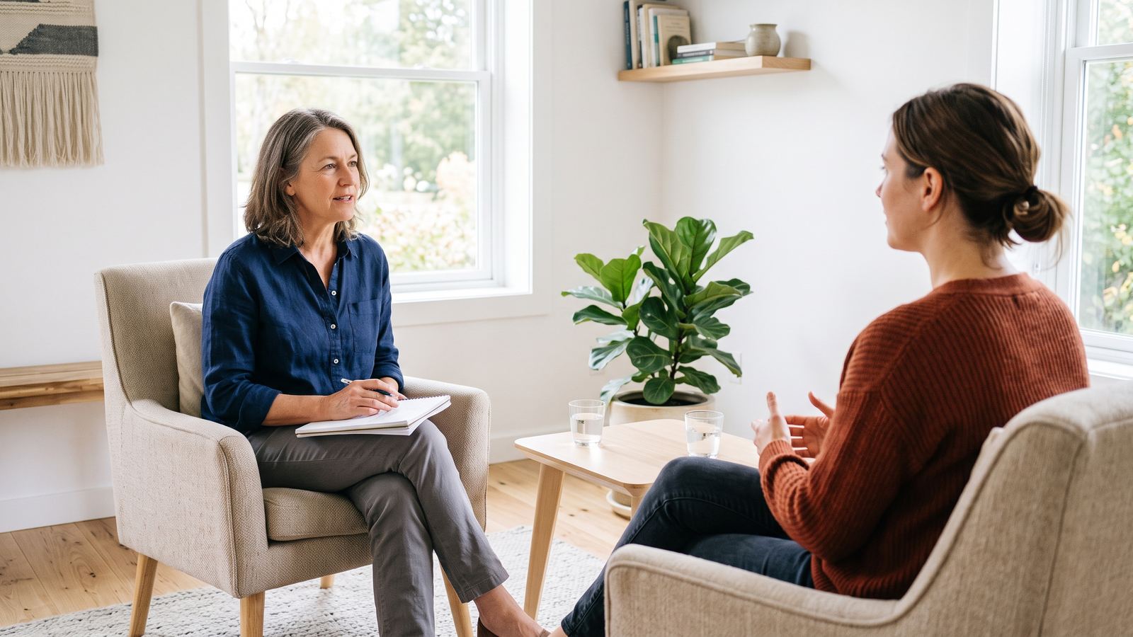 Deux femmes en conversation dans un cabinet clair, assises dans des fauteuils