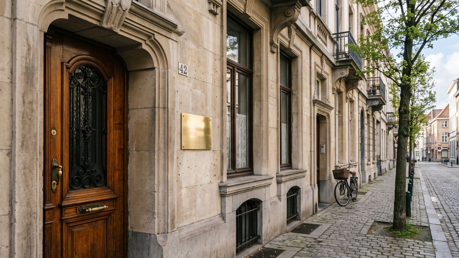 Plaque professionnelle vierge en laiton près d'une porte d'immeuble dans une rue européenne